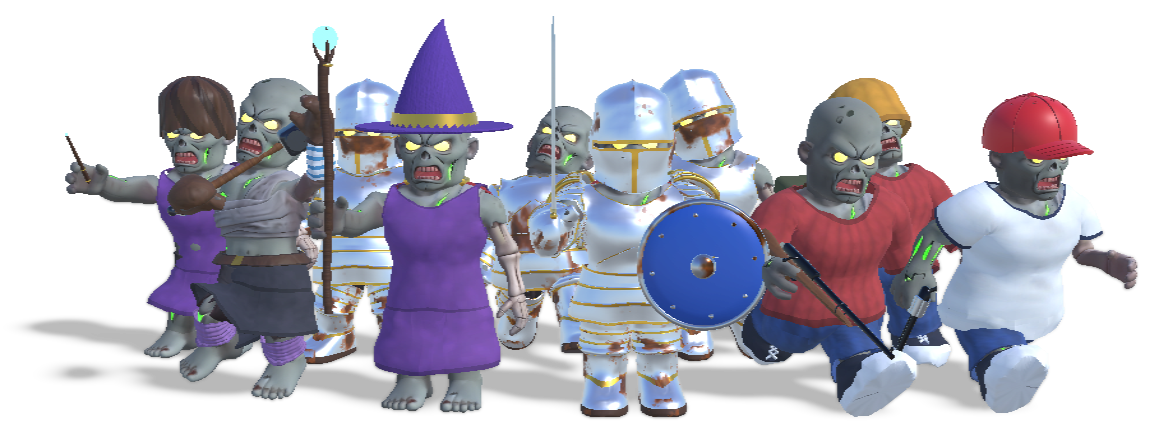 Ten characters from one body, each in different clothing, armor and weapons